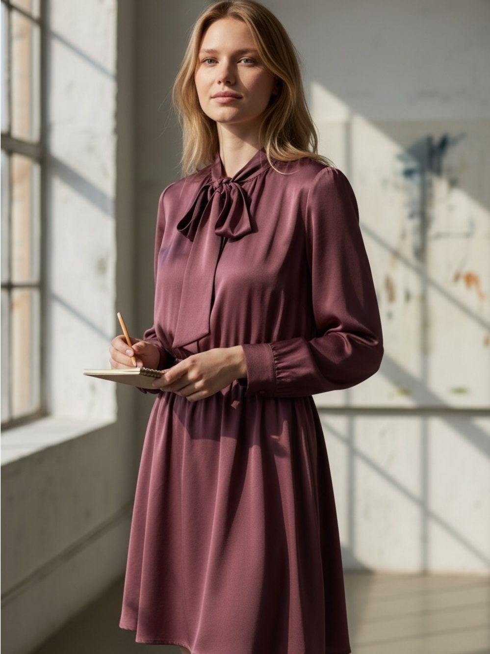 bohme Plum Tie-Neck Long Sleeve Dress